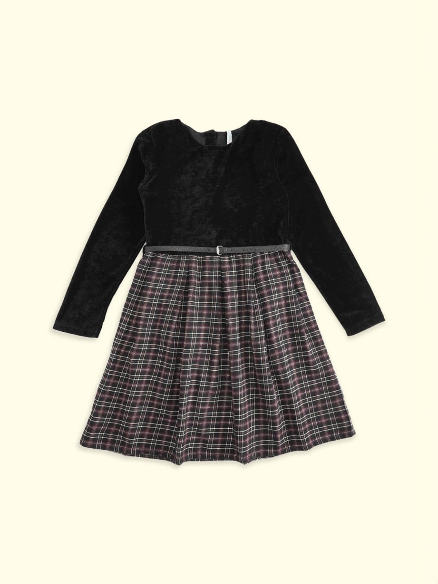Pantaloons Junior Black Cotton Chequered Full Sleeves Party Dress