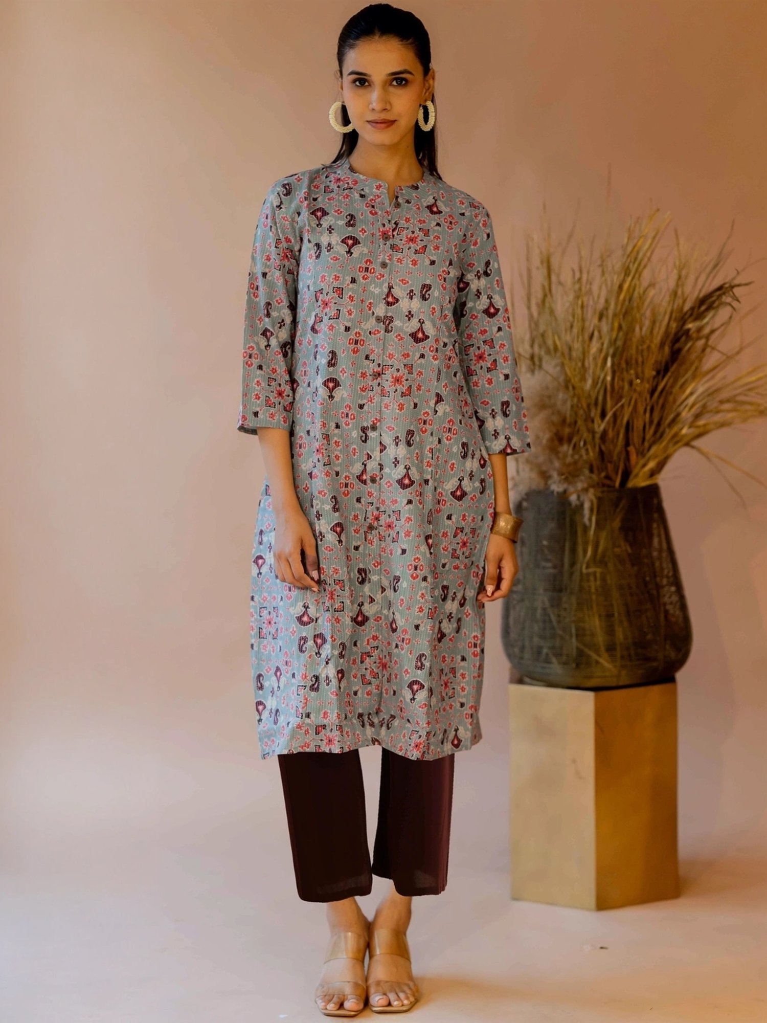 MIRCHI FASHION Grey Cotton Printed A Line Kurta