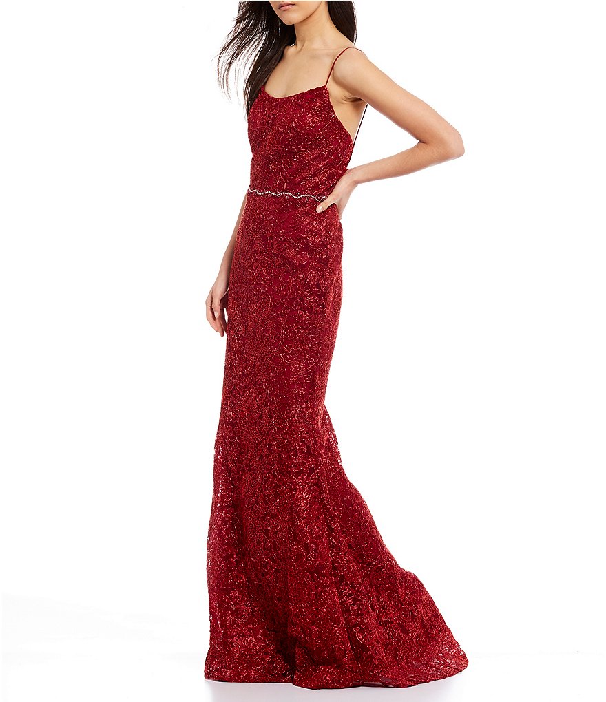 Coya Collection Spaghetti Strap Square-Neck Chemical Lace Long Dress