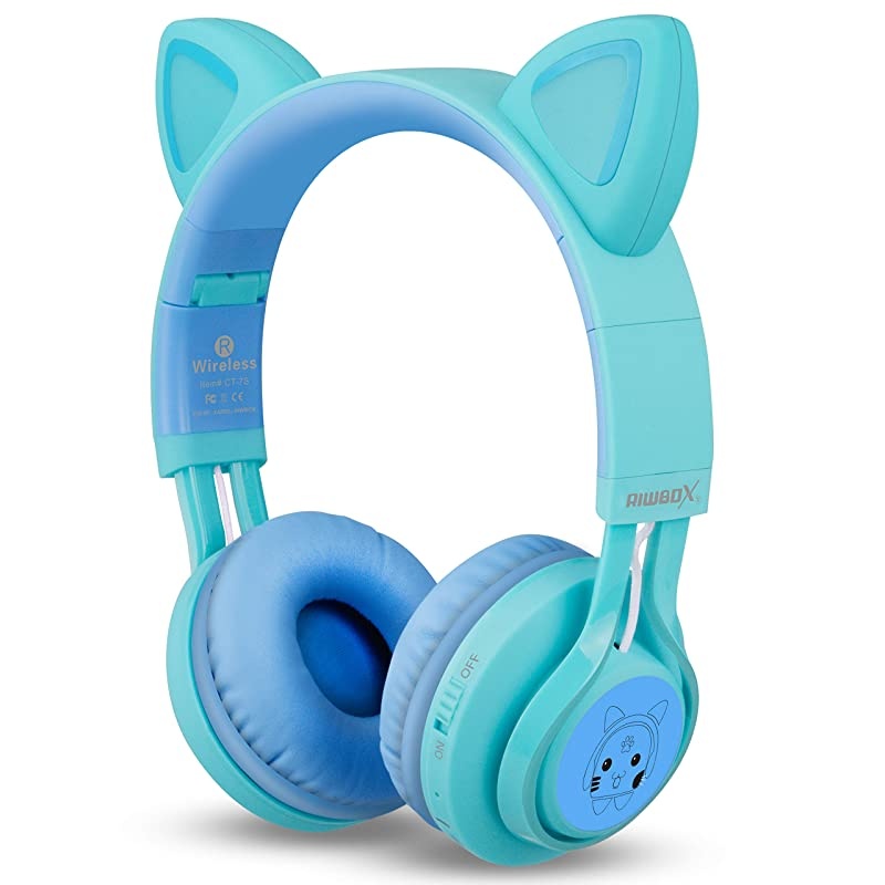 Kids Headphones,  CT-7S Cat Ear Bluetooth Headphones 85dB Volume Limiting,LED Light Up Kids Wireless Headphones Over Ear with Microphone for iPhone/iPad/Kindle/Laptop/PC/TV(Blue&Green)