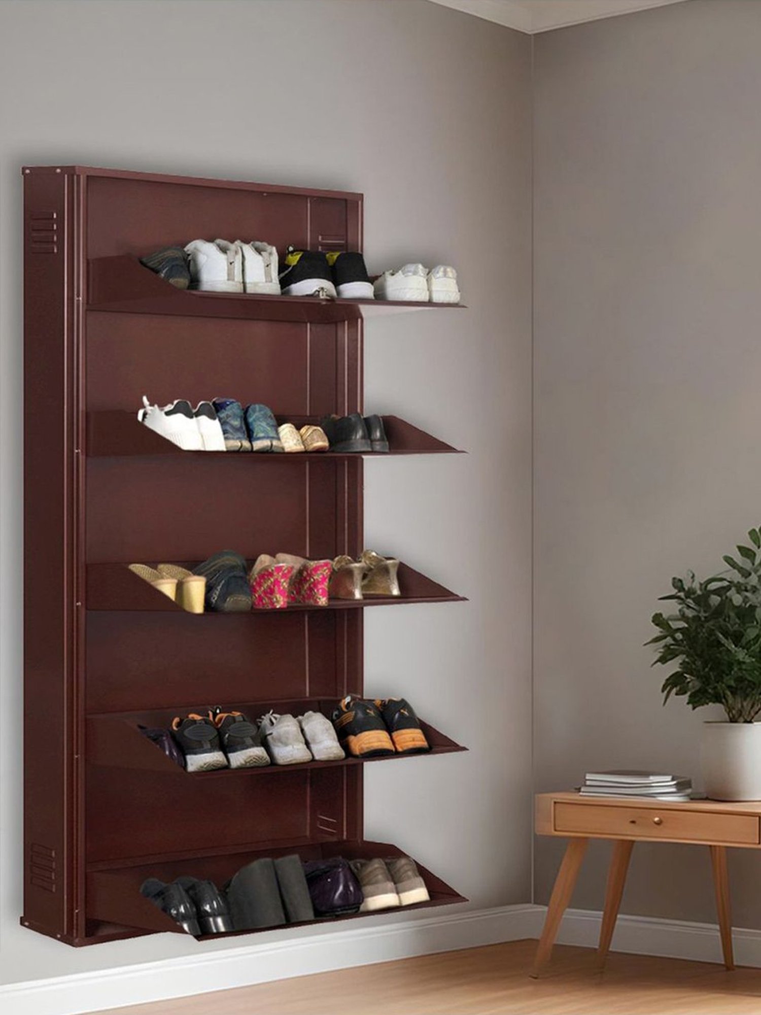 Delite Kom Metal Shoe Rack - 29" 5 Shelf, Coffee, PowderCoat, Wall Mount, DIY