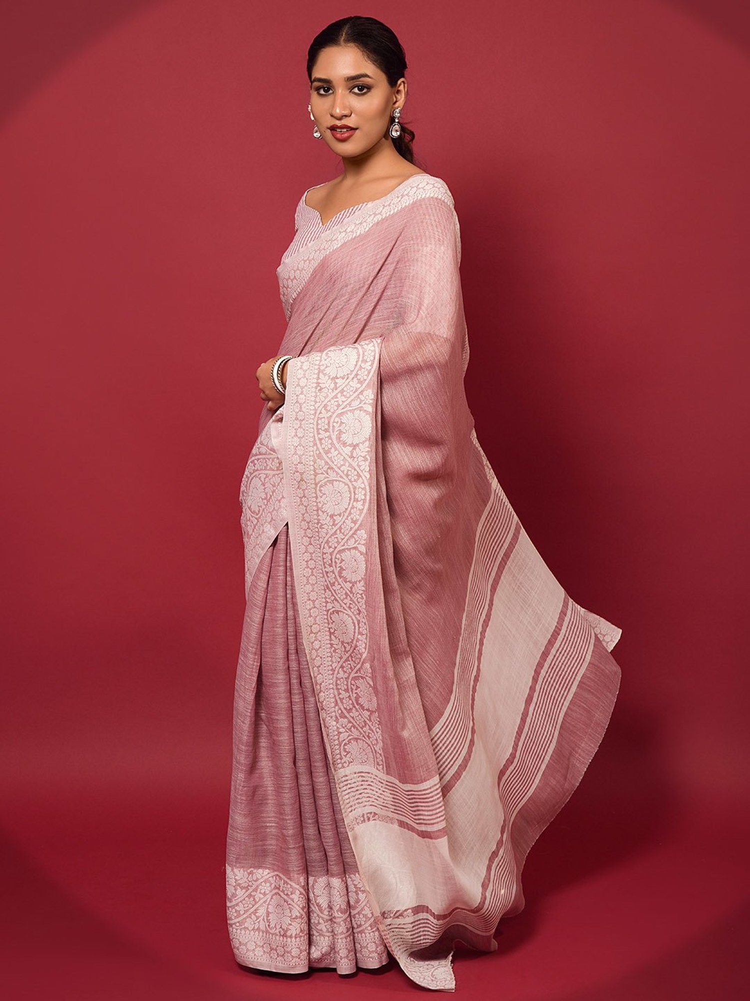 Elora Pink Linen Woven Saree With Unstitched Blouse