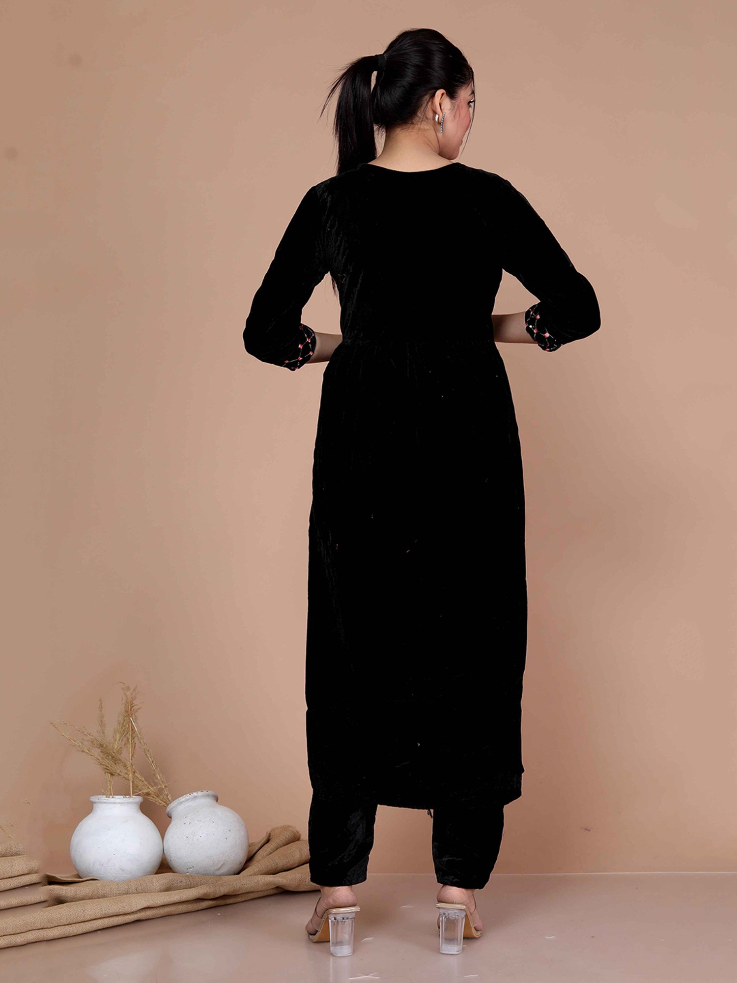 Miravan Black Embroidered Kurta With Palazzo & Dupatta