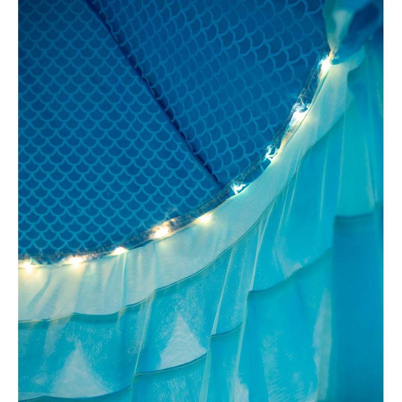 HearthSong Mermaid Blue Scalloped Gauze Canopy with LED Lights and Decorative Appliqu'e Shells and Starfish