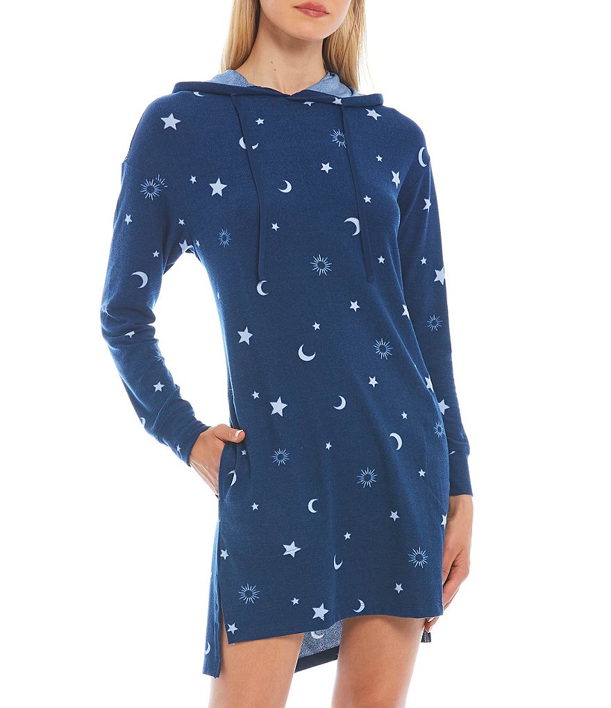 Jasmine & Ginger Celestial Print Brushed Knit Long Sleeve Hoodie Sleepshirt