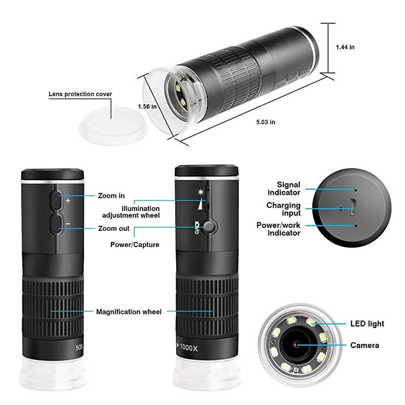 WiFi Digital Microscope for iPhone Android Phone Mac Windows HD 1080P Video Record 501000X Magnification Wireless Portable Microscope with Adjustable Metal Stand and Carrying Bag