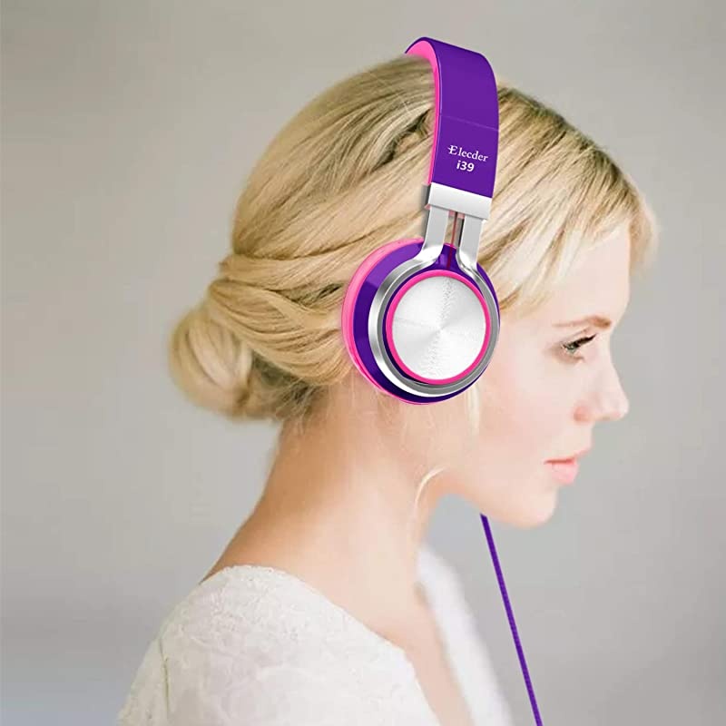 i39 Headphones with Microphone Foldable Lightweight Adjustable On Ear Headsets with 35mm Jack for Cellphones Computer MP34 Kindle School PurplePink
