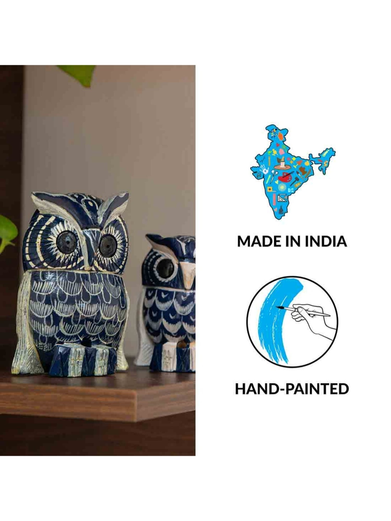 ExclusiveLane Hand-painted Blue & Off-White Eucalyptus Wood The Resting Owl Showpiece - Set of 2