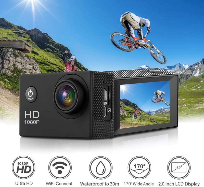 Action Camera, 720P 2 Inch LCD Screen, Waterproof Sports Cam 90 Degree Wide Angle Lens, 30m Outdoor Sports Camera DV Camcorder