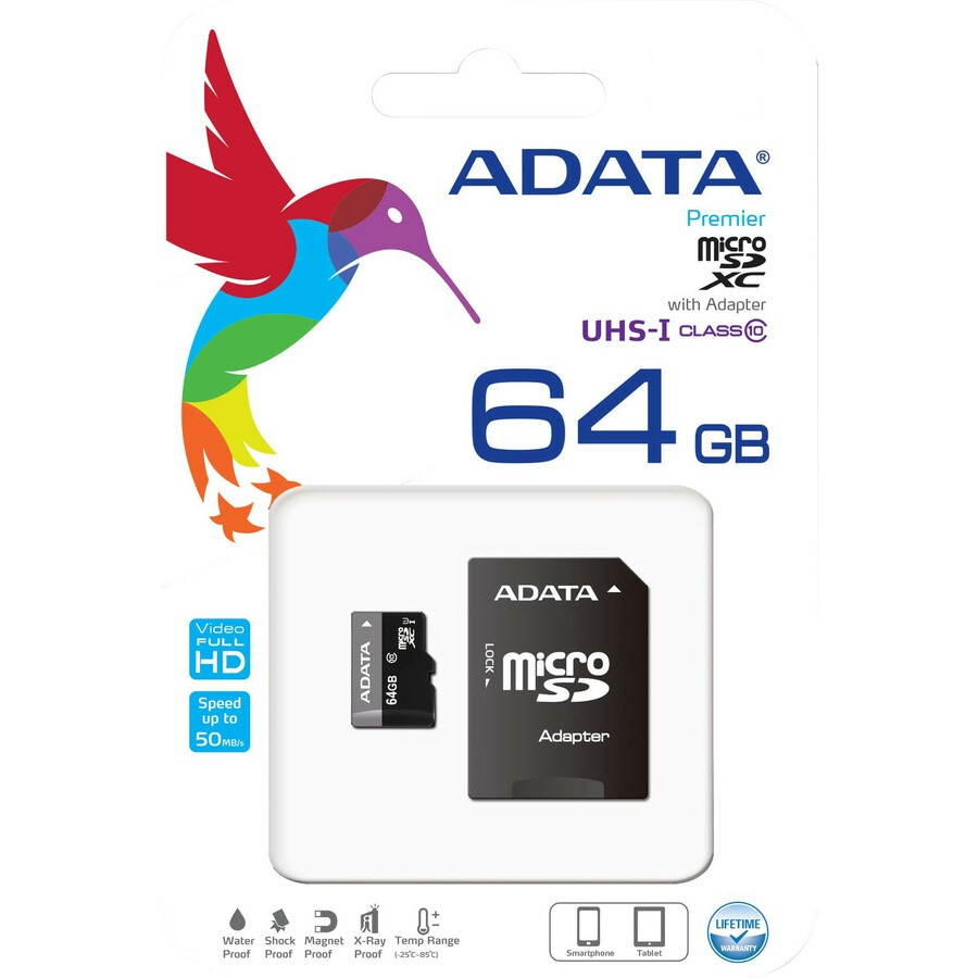 ADATA AUSDX64GUICL10-RA1 Premier 64 GB micro SDHC/SDXC UHS-I U1 Memory Card with One Adapter