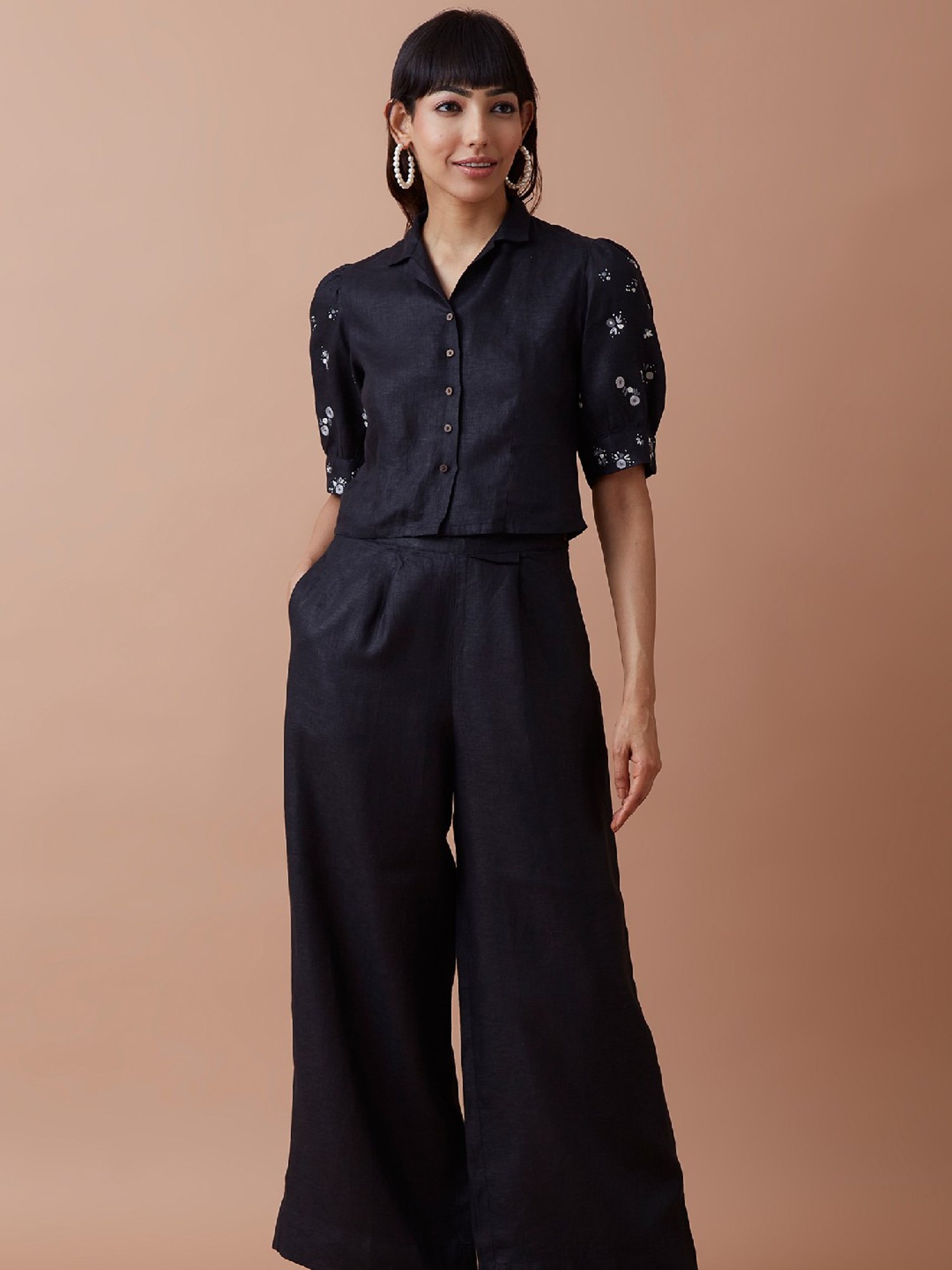 Okhai Mighty Black Linen Hand Embroidered Shirt