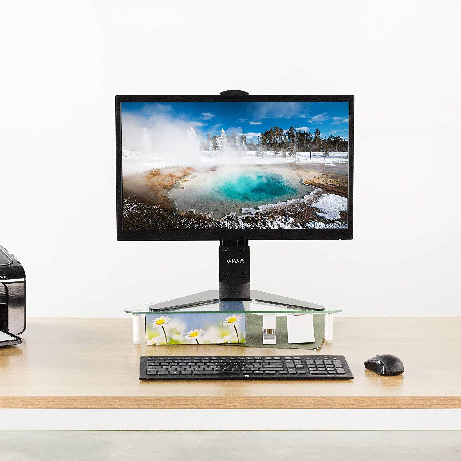 VIVO Glass Ergonomic Tabletop Riser | Triangle Desktop Corner Stand for Computer Monitor & Laptop (STAND-V000Q)