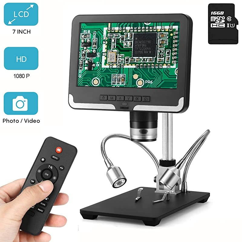Digital Microscope 7 in HD Screen 200X Magnification Zoom Camera Video Microscope with 16G TF Card, Angle Adjustable Display & 8 LED 2 Fill Lights for PCB Soldering Coin