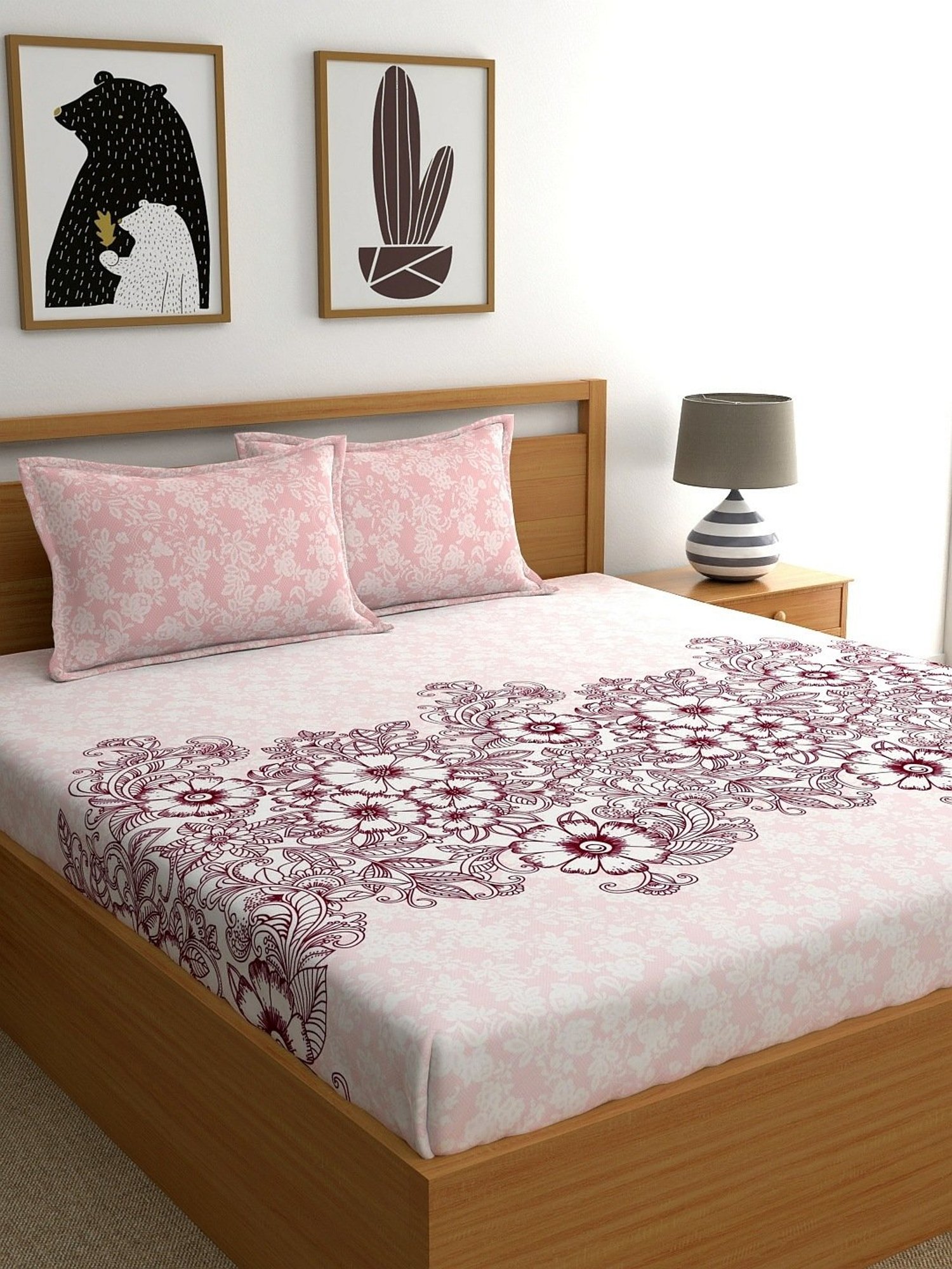 My Room Floral Light Pink 140 TC Cotton Queen Bed Sheet with 2 Pillow Covers