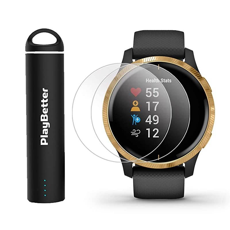 Garmin Venu (Black/Gold) Power Bundle | +HD Screen Protectors (x4) &  Portable Charger | AMOLED Display, Spotify | Fitness GPS Smartwatch