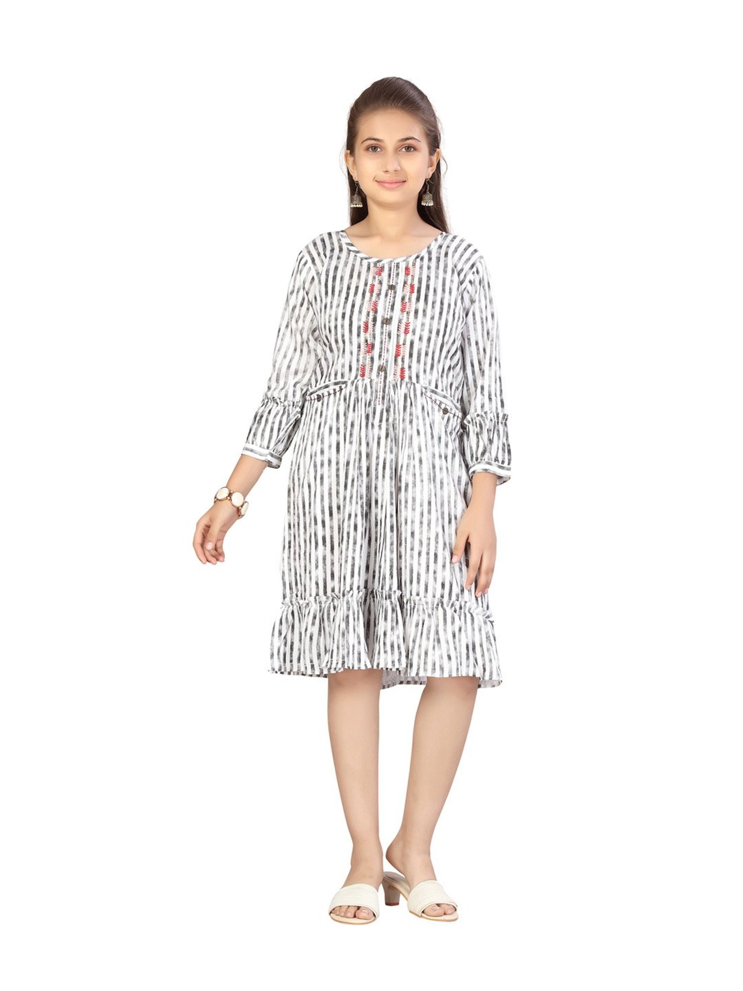 Aarika Kids White & Black Striped Dress