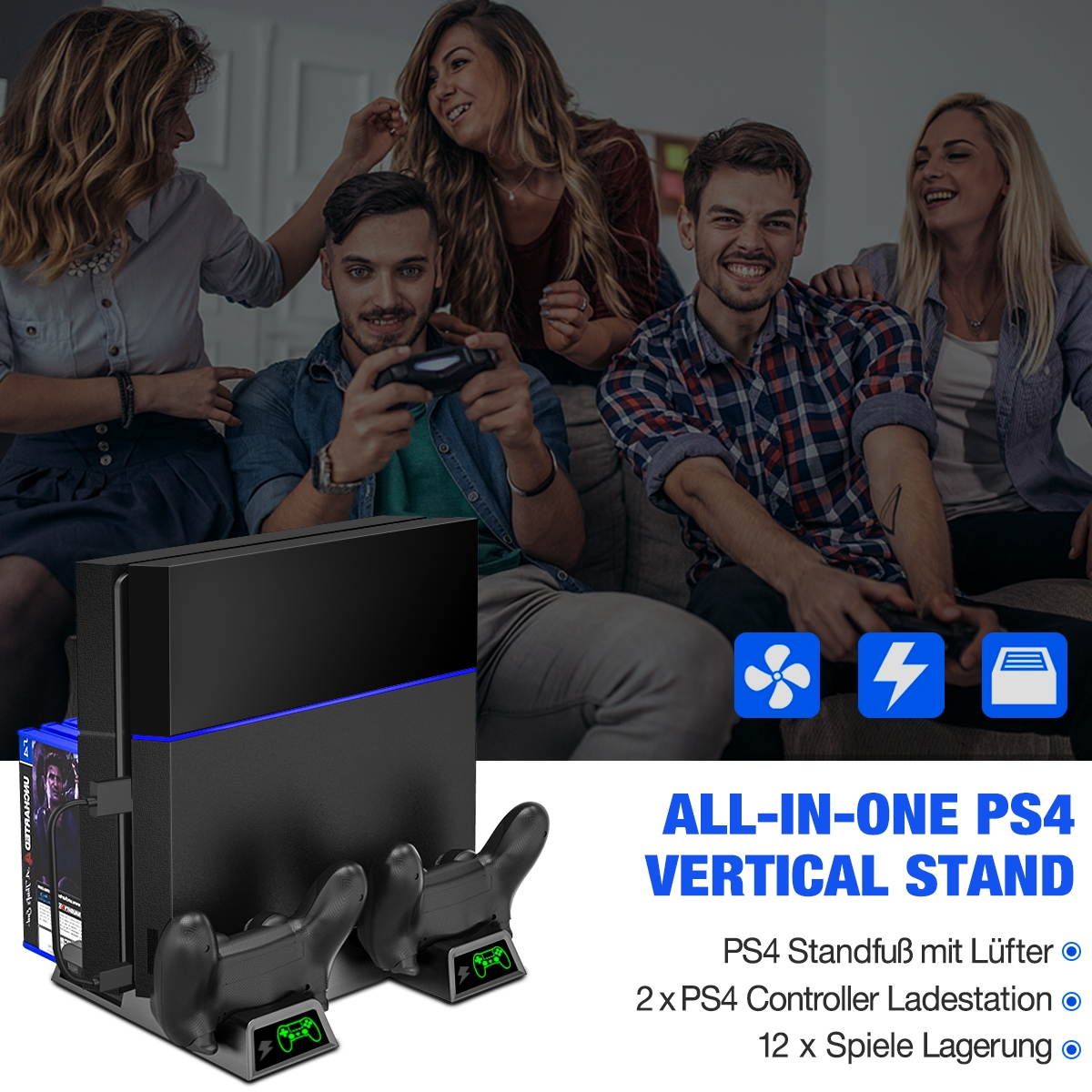 BEBONCOOL PS4 Vertical Stand Cooling Fan for PS4 Slim/ PS4 Pro/ Regular PlayStation4, PS4 Stand Controller Charger Station for Dual Charging, PS4 Accesossries with Game Storage for Playstation Console