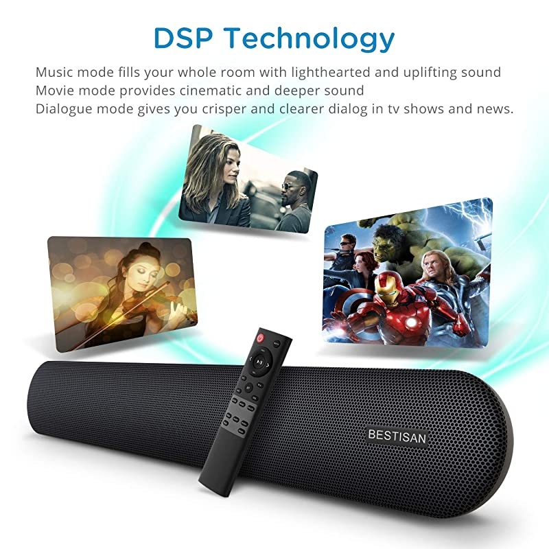 BESTISAN 80 Watts TV Sound Bar Home Theater Speaker with Dual Connection Way Bluetooth 50 MovieMusicDialogue Audio Mode Enhanced Bass Technology Bass Adjustable Wall Mountable