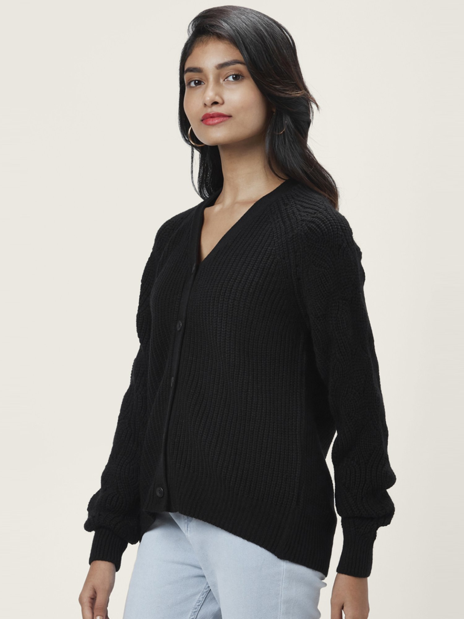 Honey by Pantaloons Black Self Pattern Cardigan