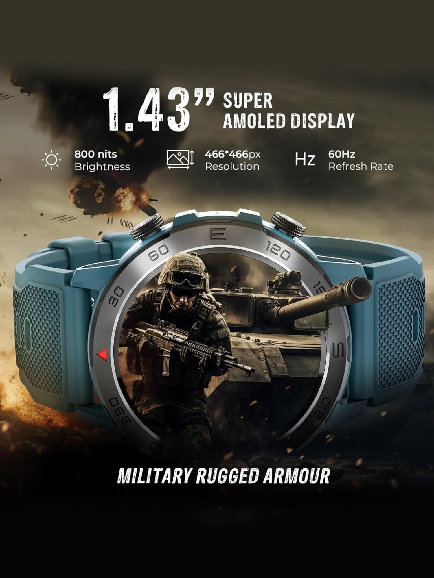 beatXP Duke Rugged BT Calling Smartwatch with 1.43 inch Round Super AMOLED Display (Blue)