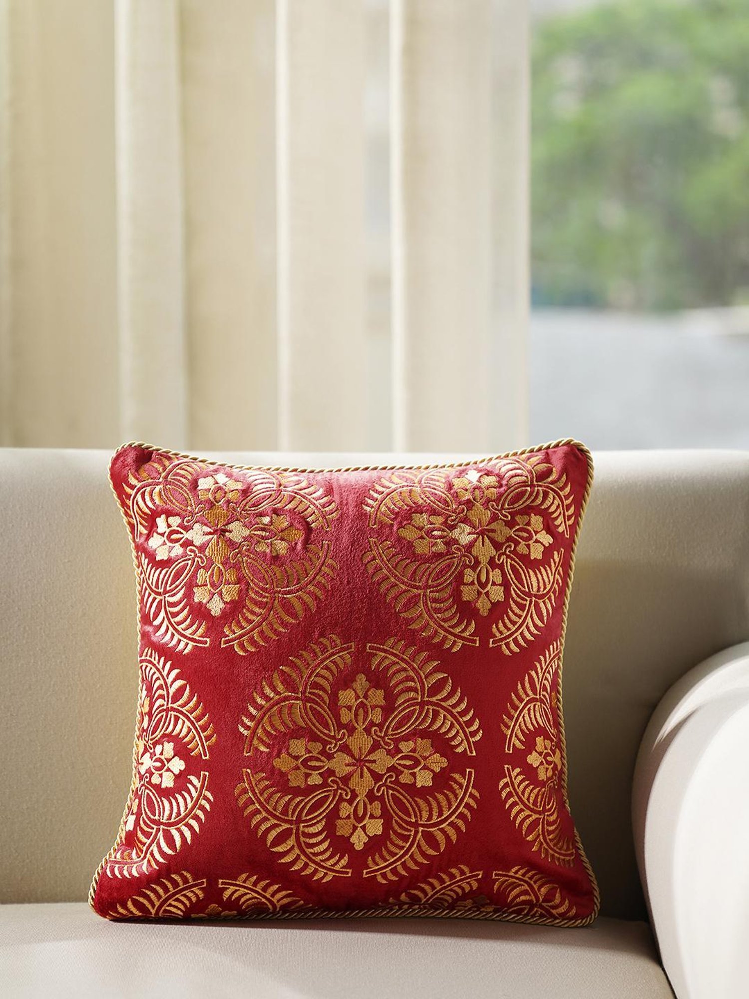 Pure Home and Living Red Viscose Velvet Embroidery Cushion Cover