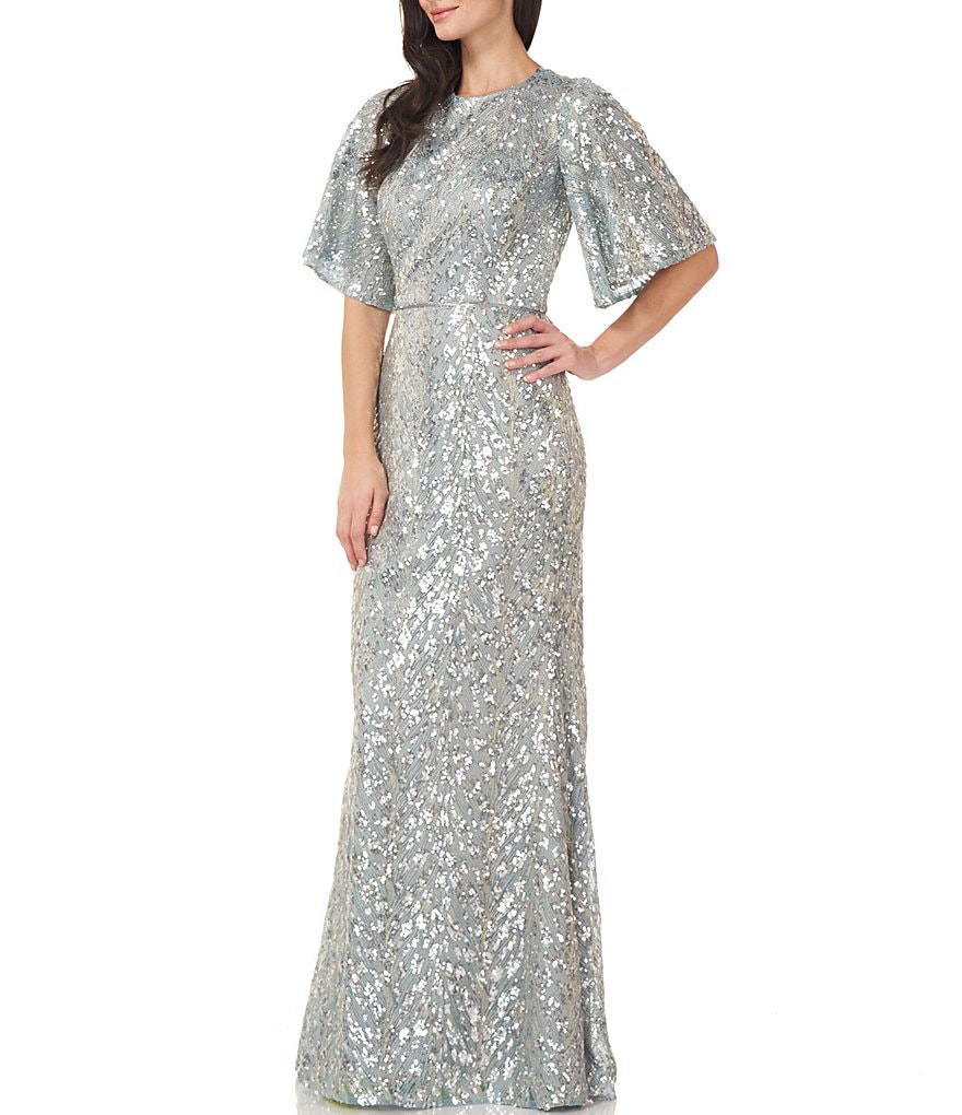 JS Collections Sequin Flutter Sleeve Mermaid Gown