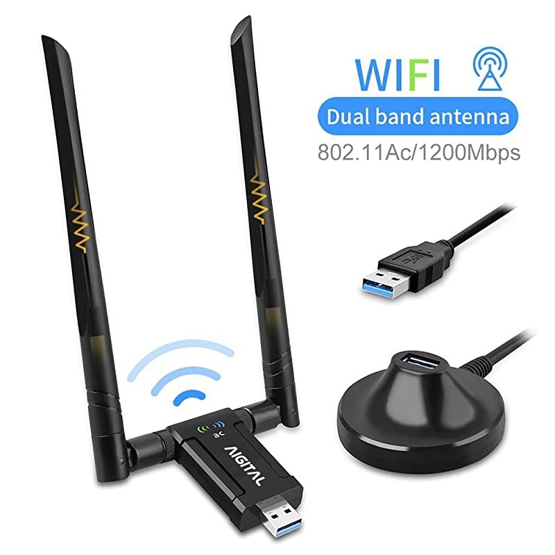 Wireless USB WiFi Adapter,  1200Mbps WiFi Dongle With USB3.0 Stand Base Dual Band High Gain Dual 5dBi Antennas Network LAN Card Dongle WiFi USB 3.0 for Desktop Laptop,Supports Windows 10/8/7/XP