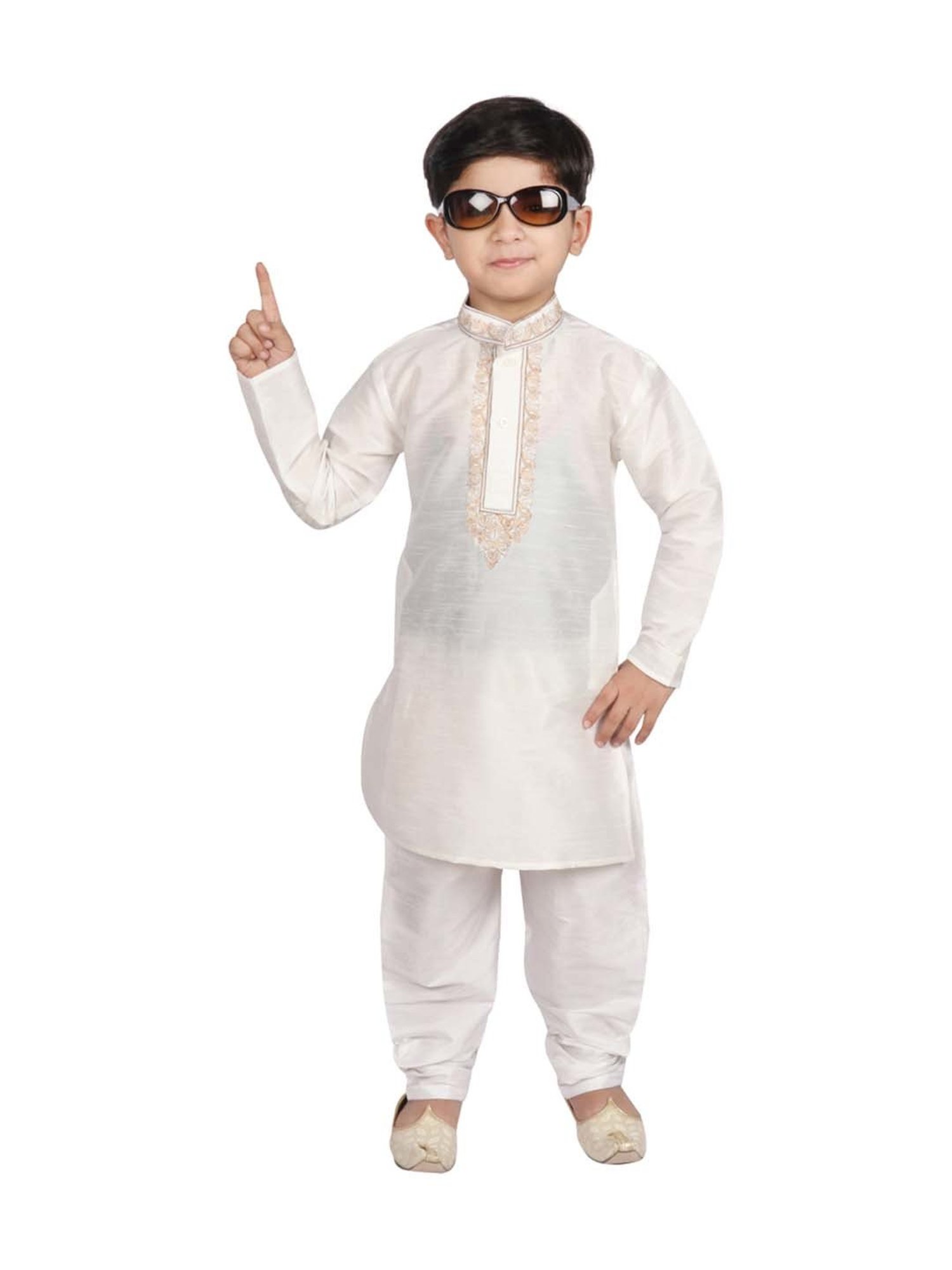 SG Yuvraj Kids White Embroidered Full Sleeves Kurta Set
