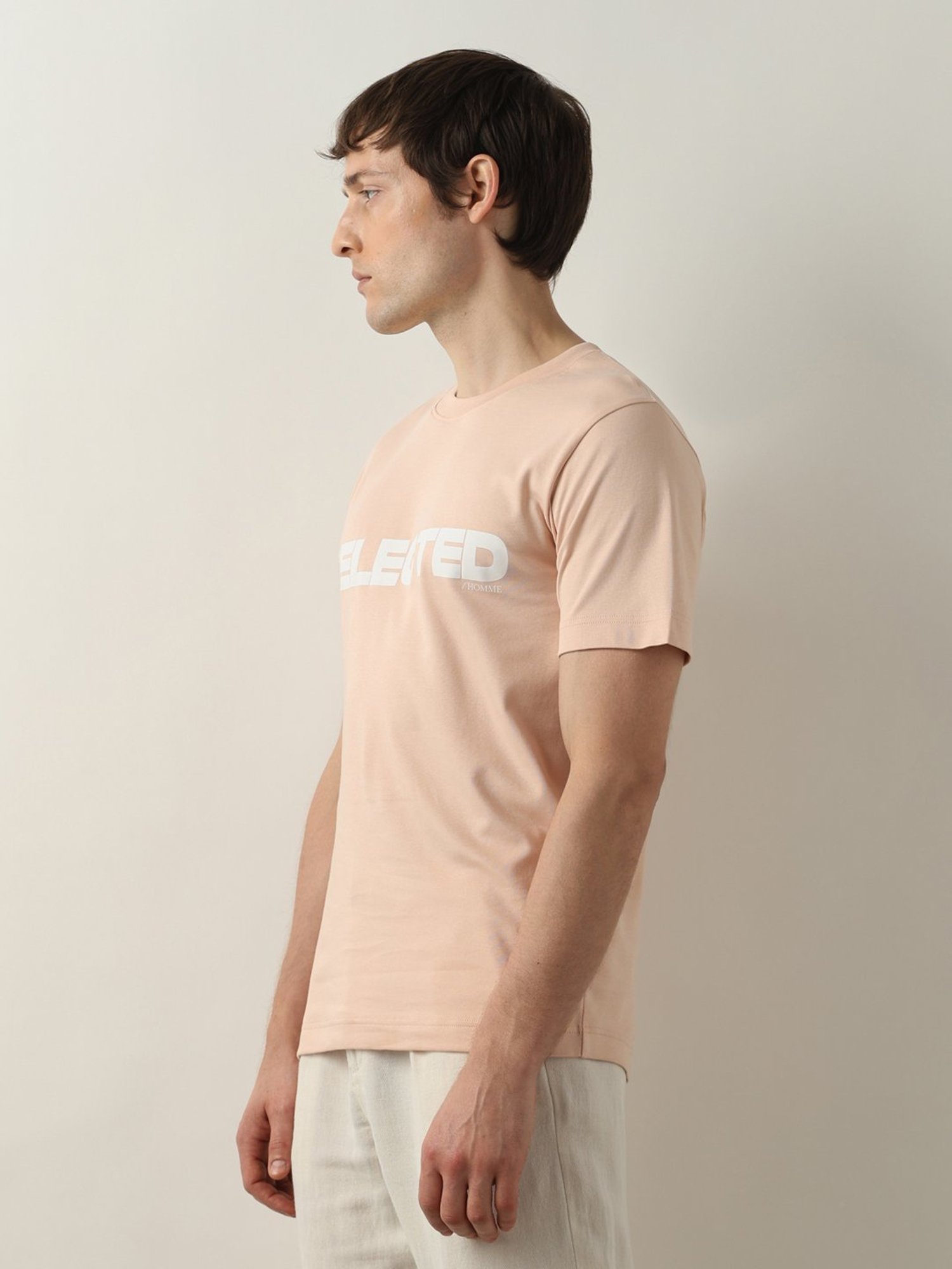 SELECTED HOMME Light Pink Slim Fit Logo Print Cotton Crew T-Shirt
