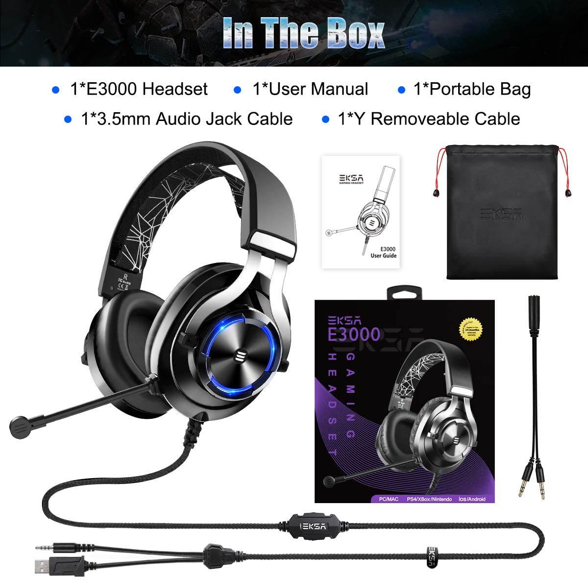 EKSA E3000 USB Gaming Headset PS4 Xbox One Headset with Noise Cancelling Mic & RGB Light - Gaming Headphones for PC, Laptop, Xbox One Controller (Adapter Not Included), PlayStation 4, Nintendo Switch