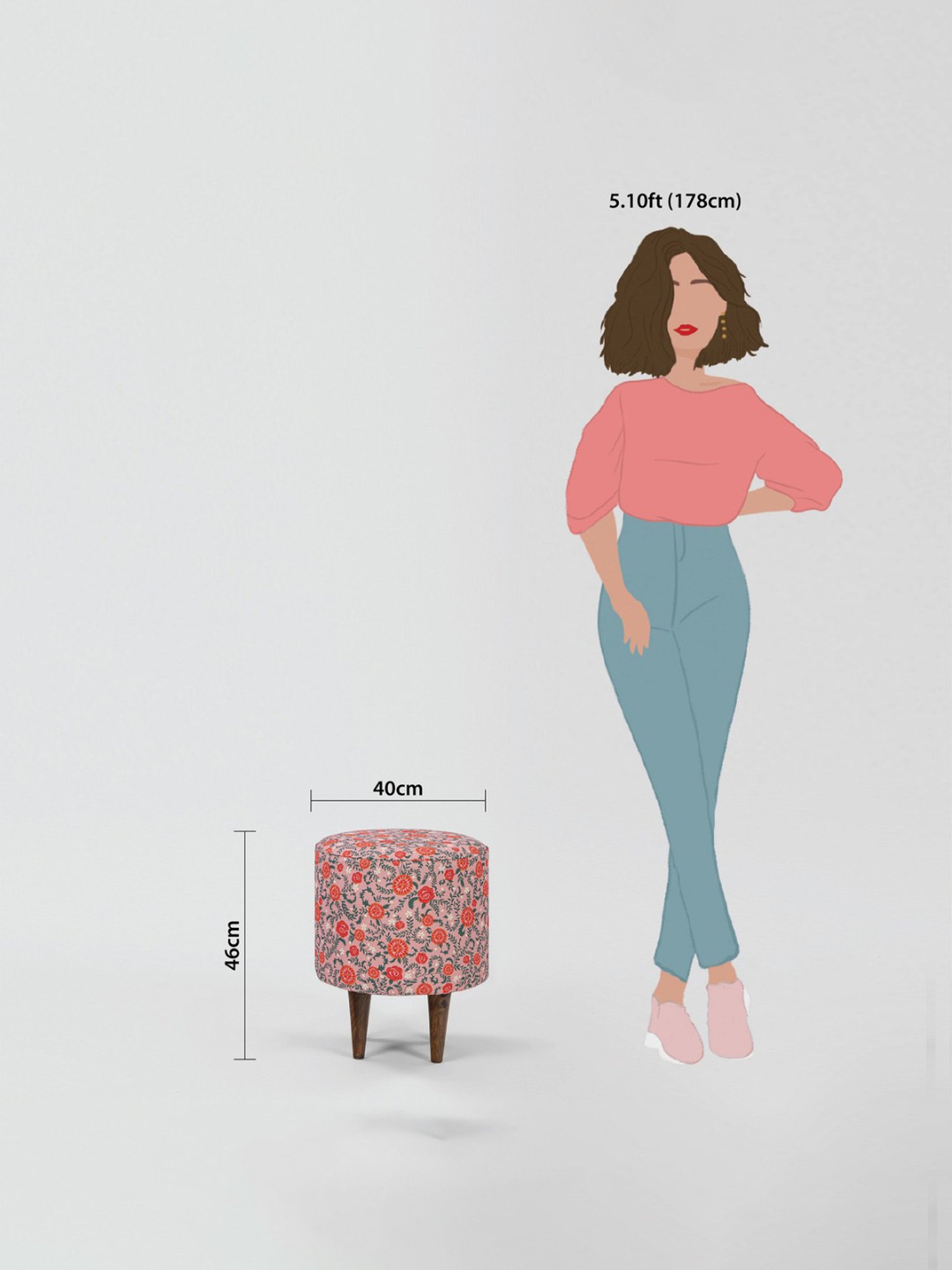 Chumbak French Earthy Floral Pink Wood Ottoman