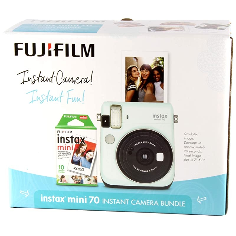 Instax Mini 70 Instant Film Camera Icy Mint and Instax Mini Rainbow Film Value Pack 10 Images