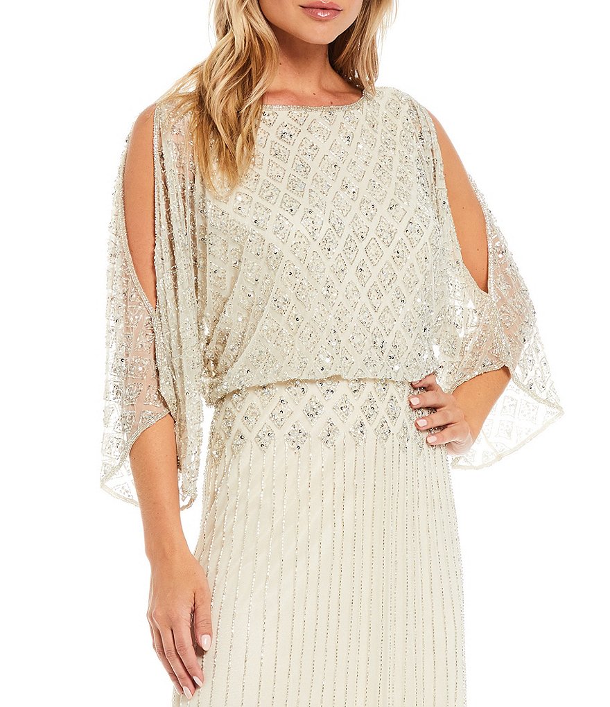 Pisarro Nights Diamond Beaded Blouson Split Sleeve Boat Neck Dress