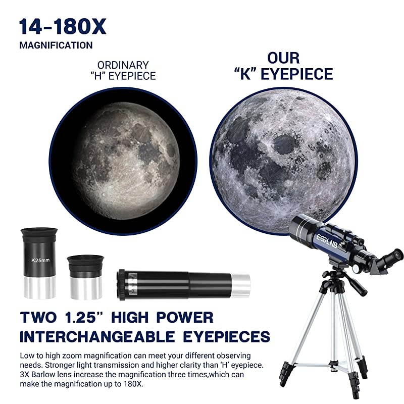 Telescope for Kids 70mm Refractor Telescope with Smartphone Adapter 516in Tripod Astronomical Telescopes for Astronomy Beginners Adults 3X Barlow Moon Filter Fully Coated Lens