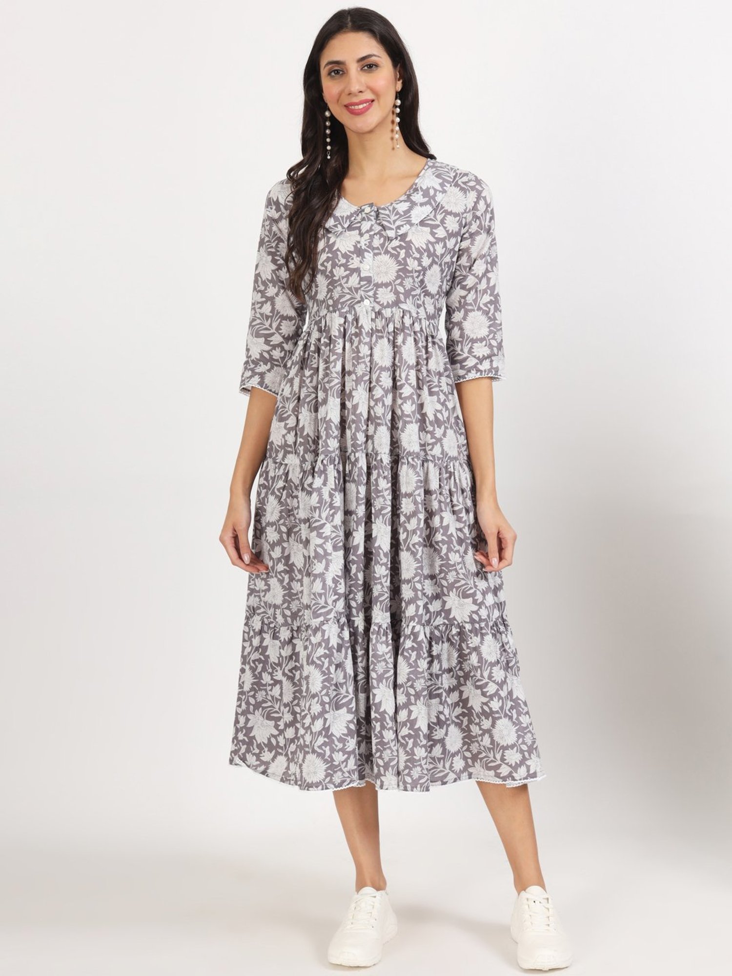 Divena Grey Floral Print Ethnic Dress