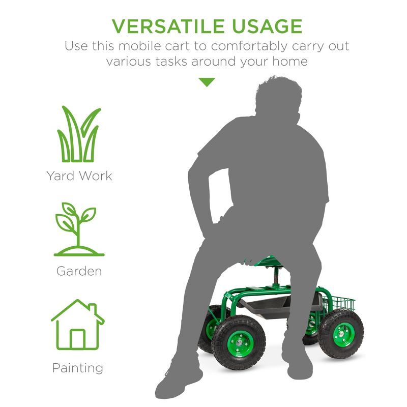 Best Choice Products Garden Cart Mobile Rolling Work Seat w/ Tool Tray, Basket - Green