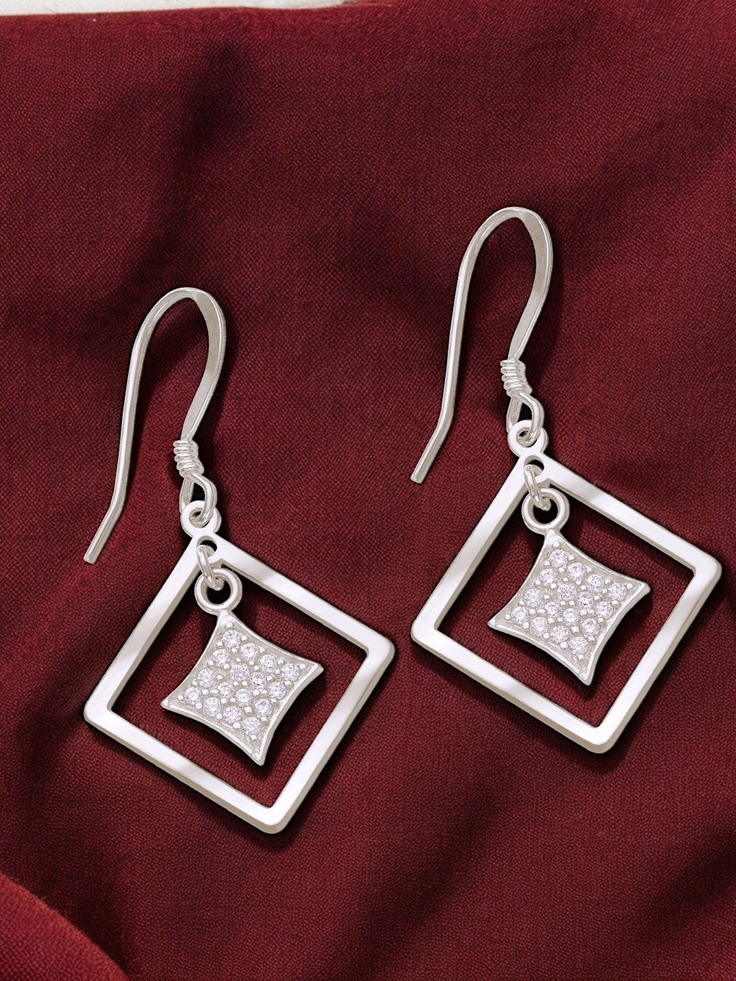 Taraash 925 Sterling Silver CZ Double Square Drop Earrings for Women