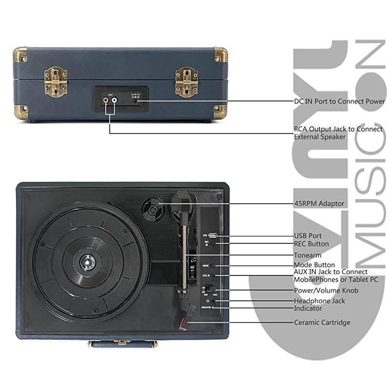 USB Turntable for 334578 RPM RecordVintage Vinyl Record Player with Stereo Speakers RCA OutputampLinein and USB Direct EncodingBlue