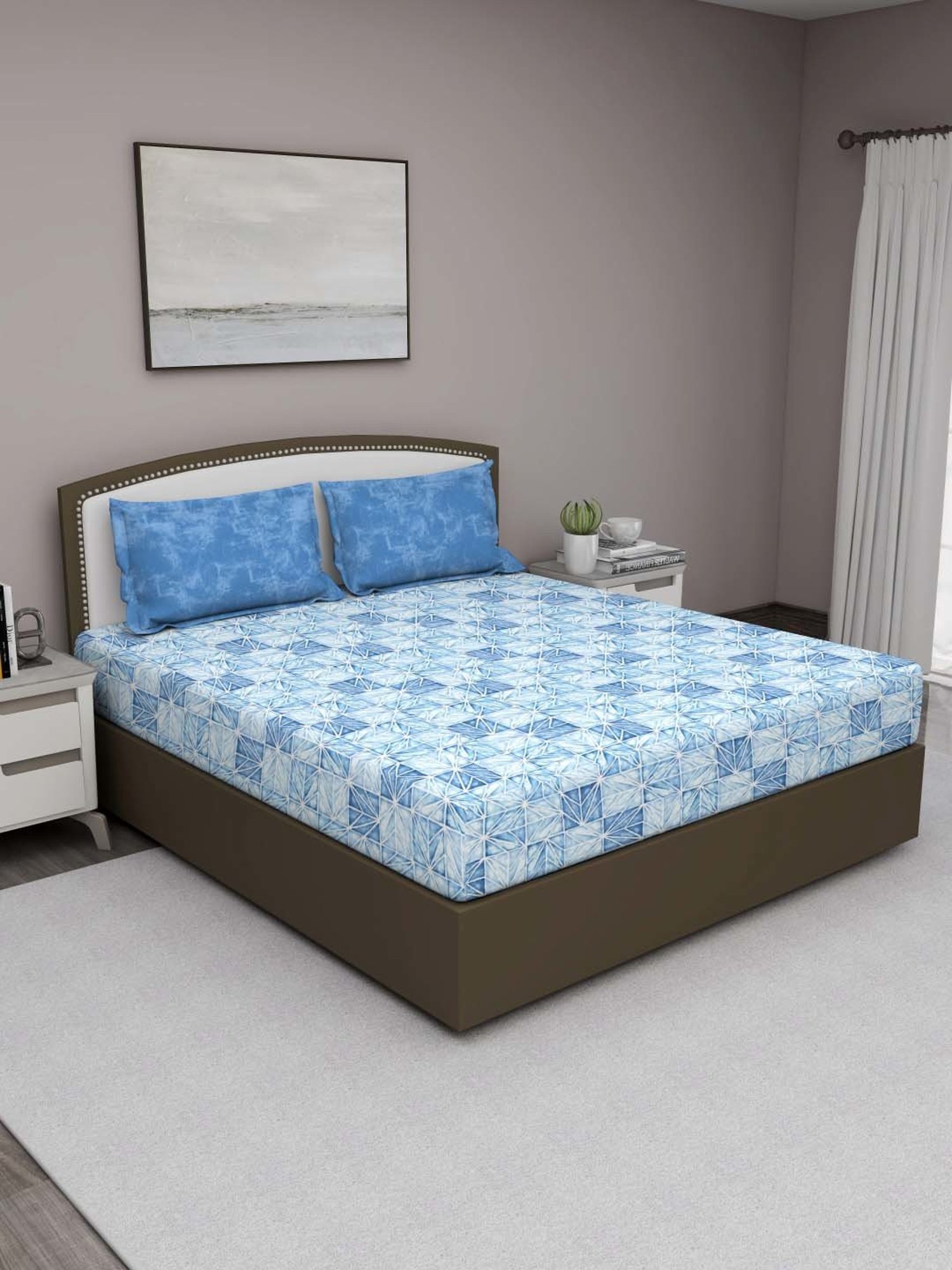 GM 'Serene' Blue Cotton 210 TC Double Bedsheet with 2 Pillow Covers