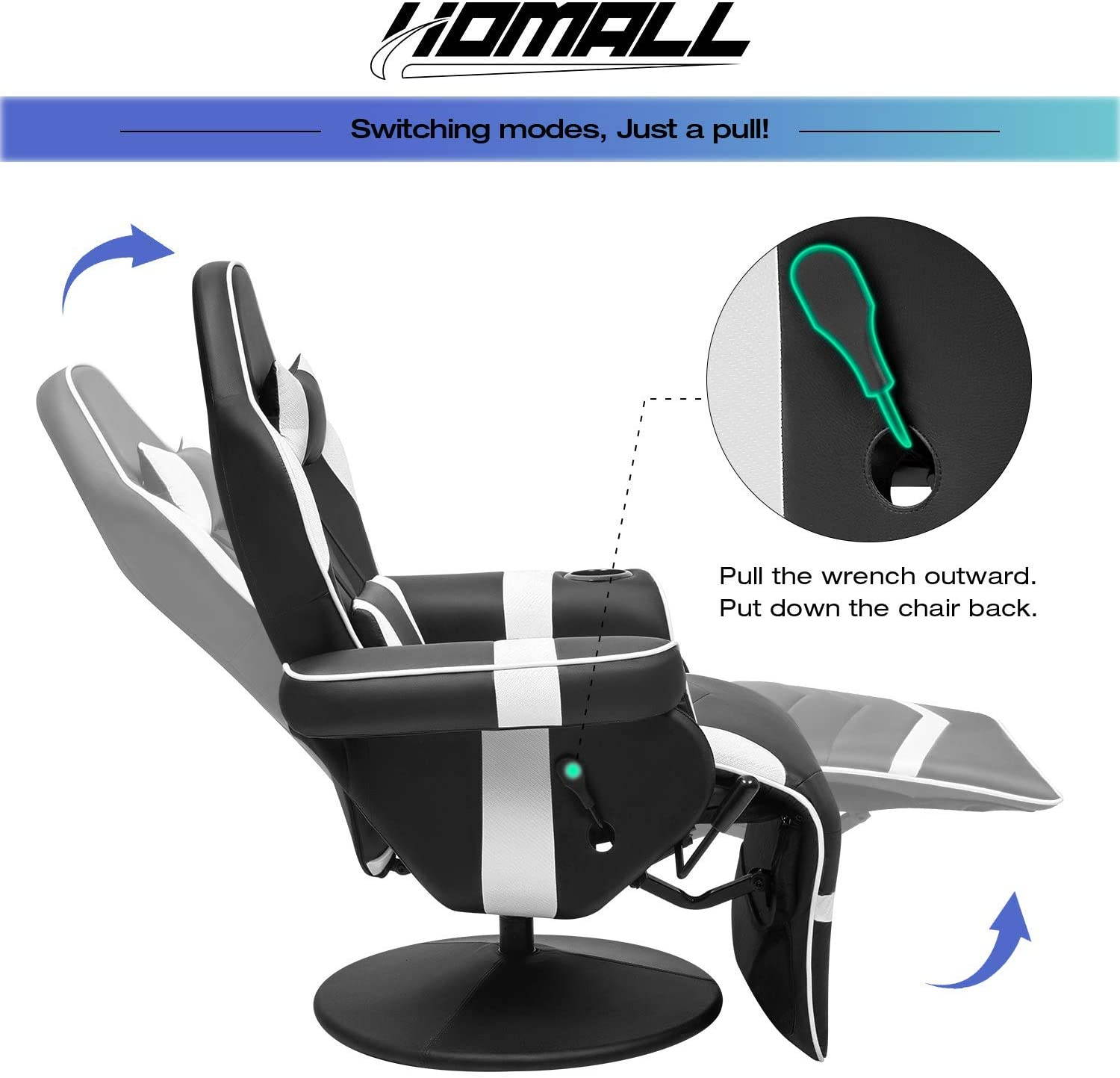 Homall Computer Racing Style PU Leather Ergonomic Adjusted Reclining Video Gaming Single Sofa Chair with Footrest Headrest and Lumbar Support (White)