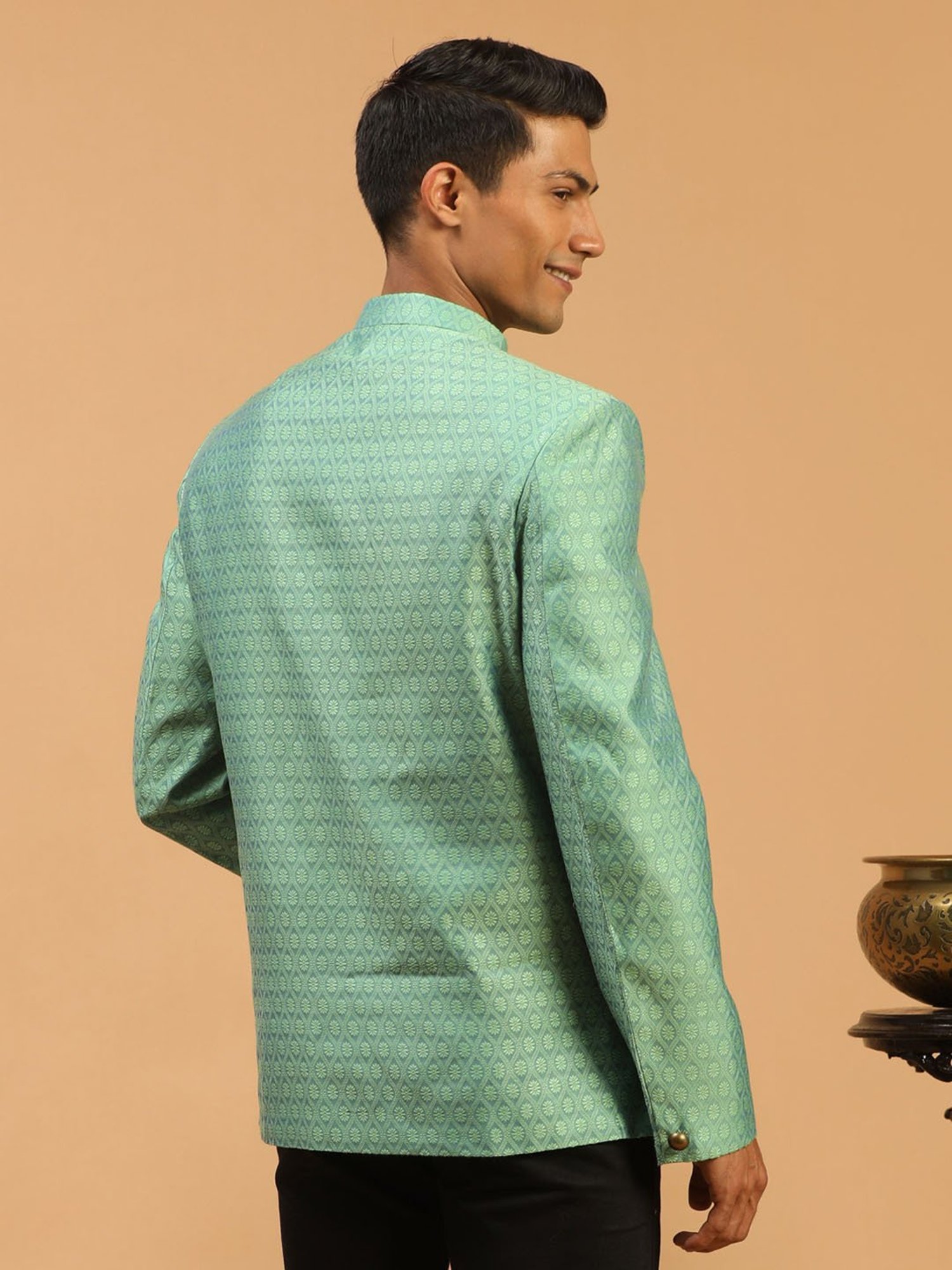 VASTRAMAY Mint Green Regular Fit Self Design Ethnic Blazer