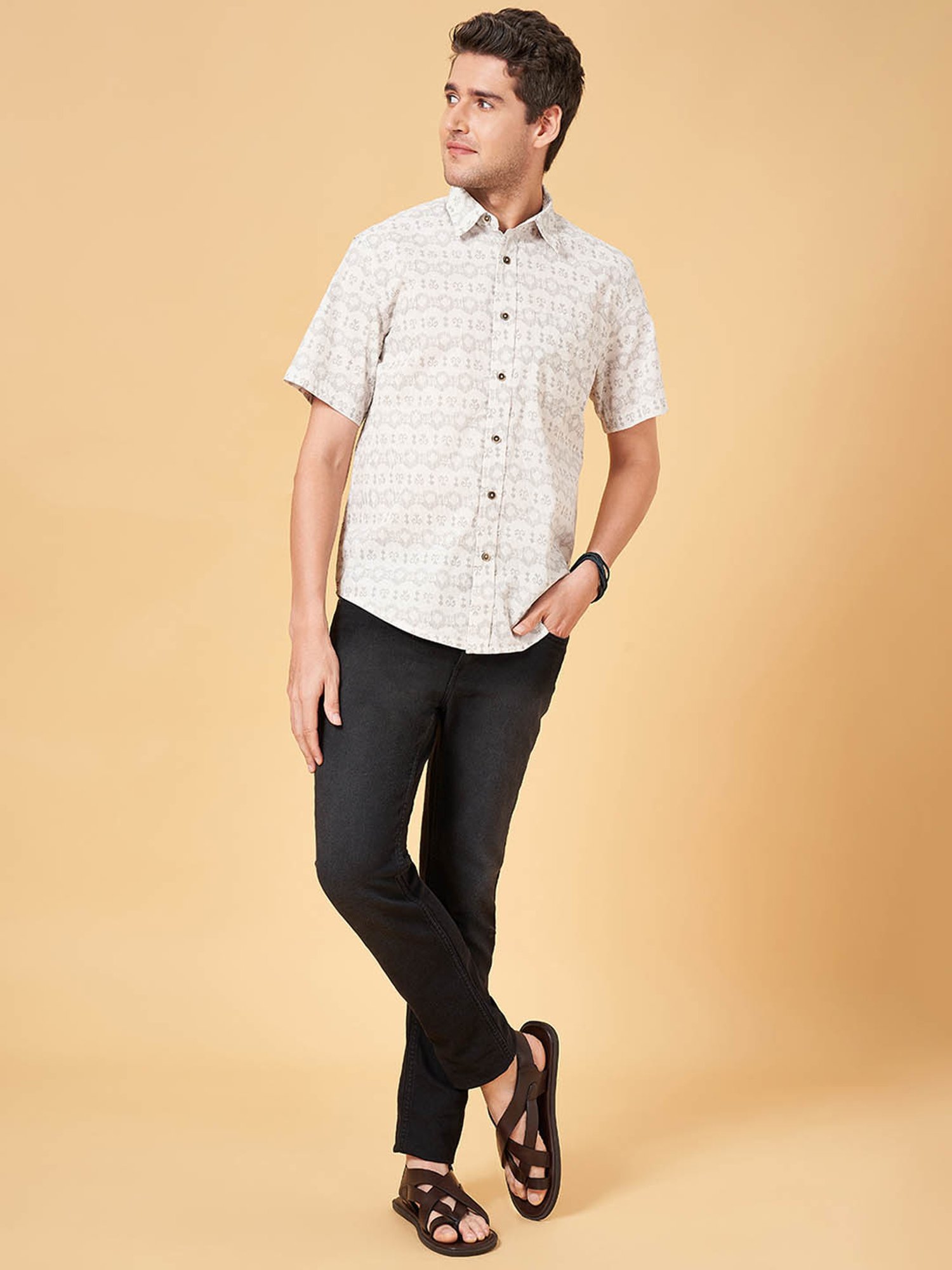 Indus Route by Pantaloons Grey Cotton Regular Fit Printed Shirt