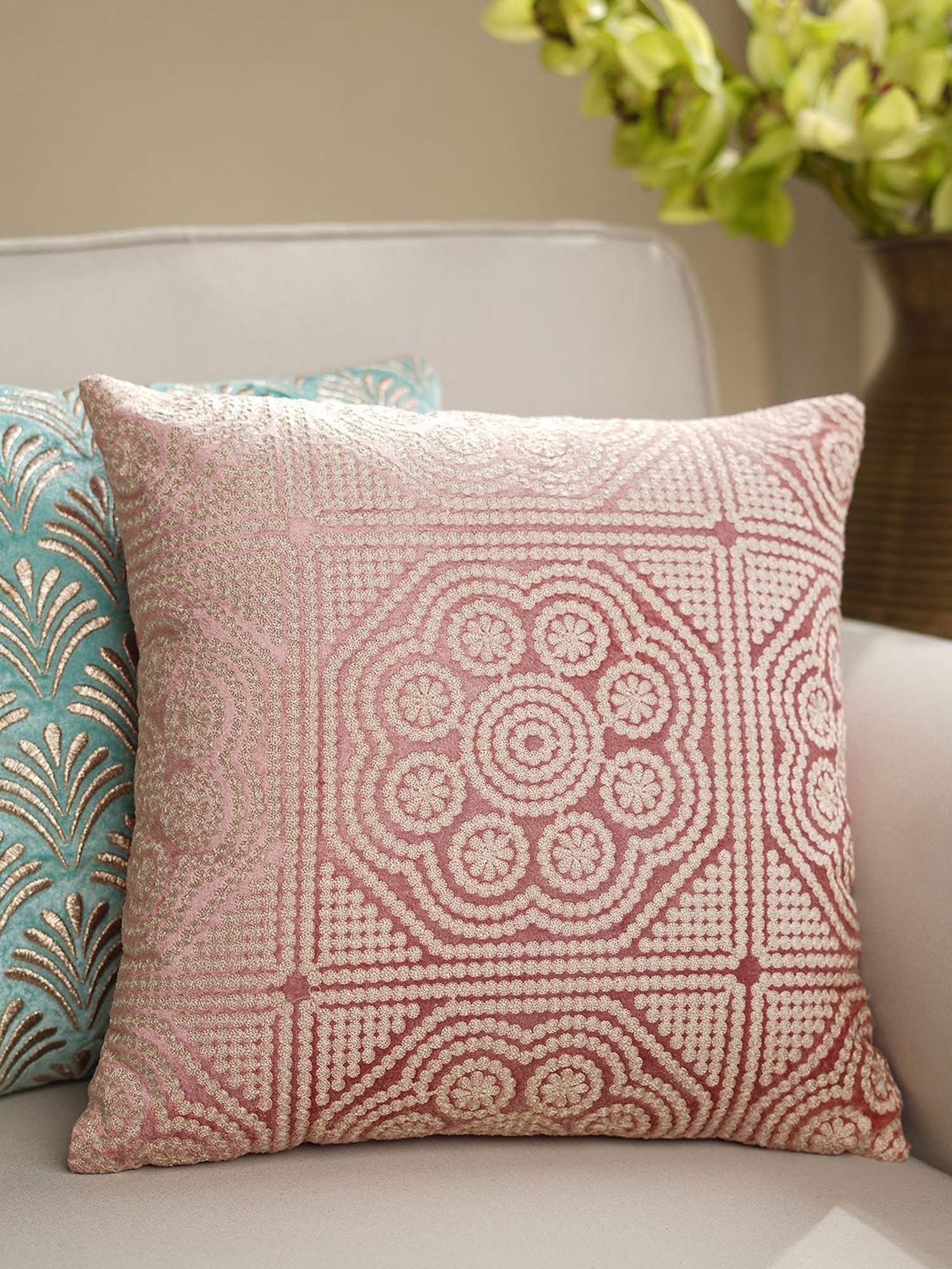 Pure Home and Living Pink Cotton Embroidery Cushion Cover