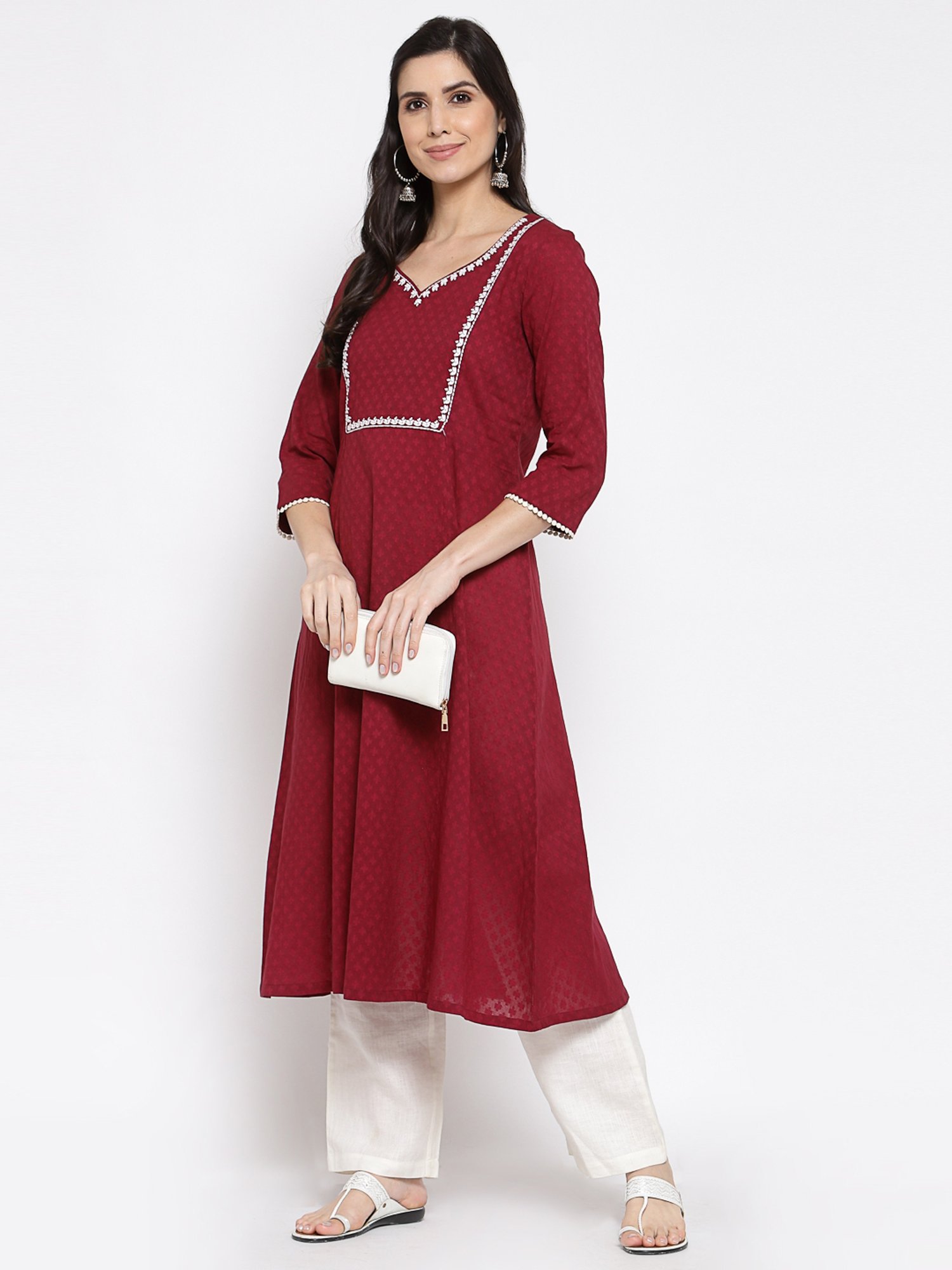 DART STUDIO Maroon Cotton Embroidered A Line Kurta