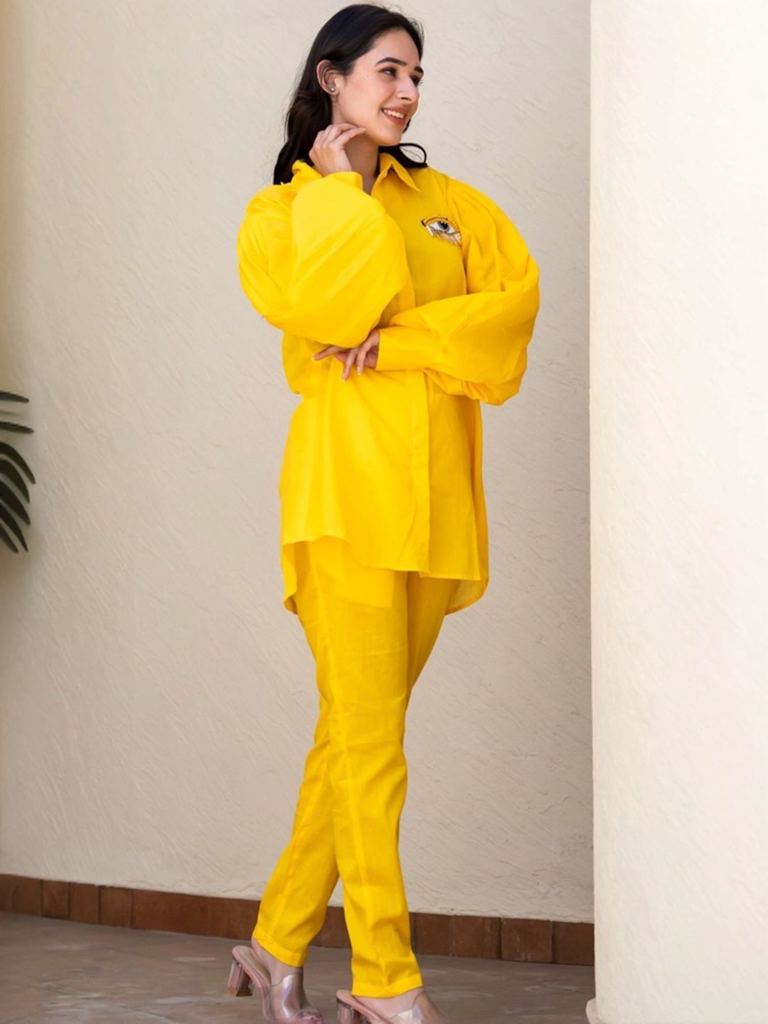 HOUSE OF JAMOTI Yellow Cotton Embellished Tunic Pant Set