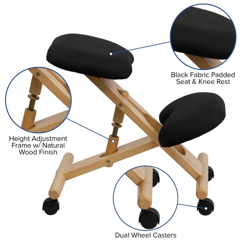Mobile Wooden Ergonomic Kneeling Chair in Black Fabric - Belnick