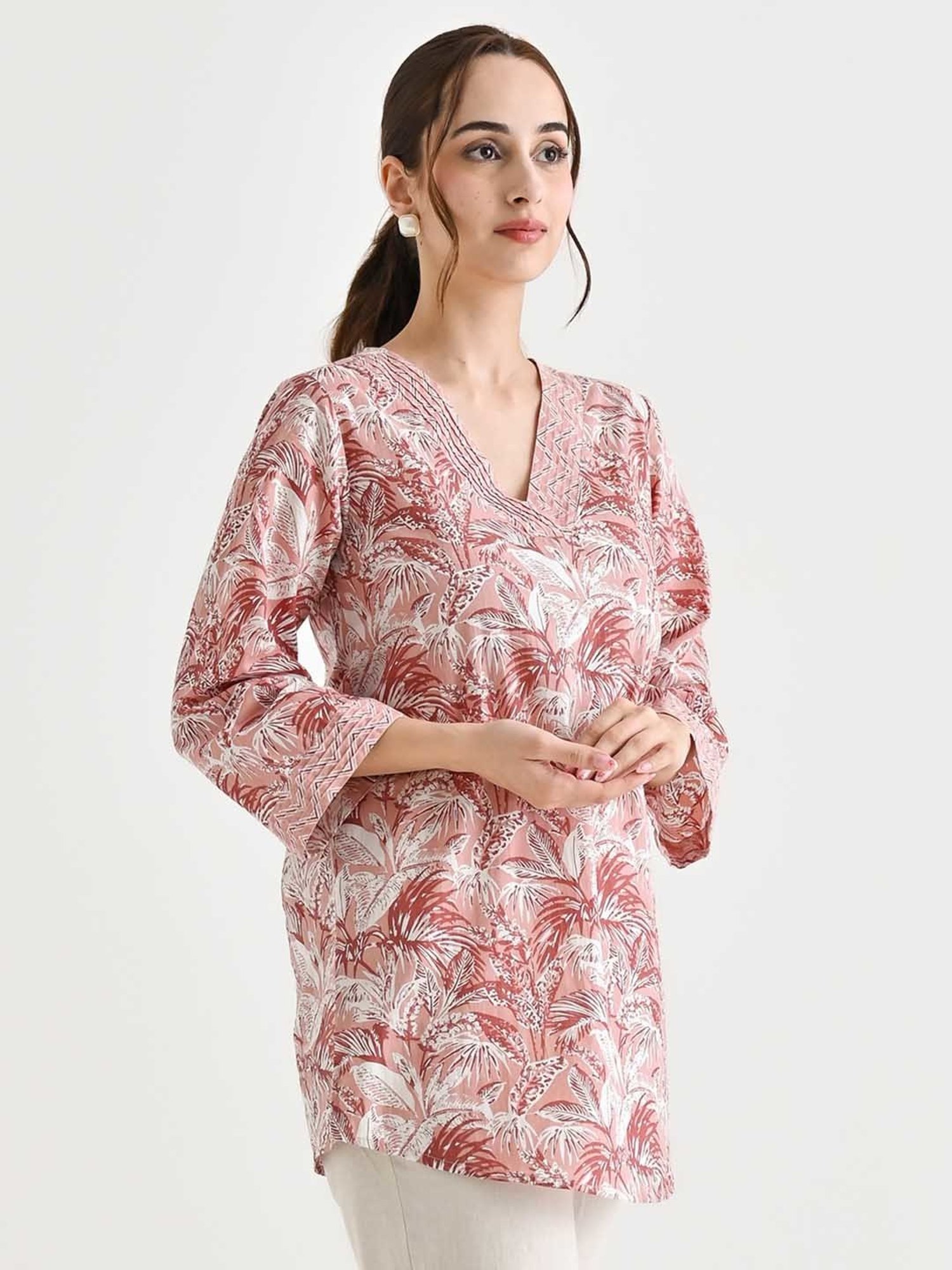 Rustorange Dusty Peach Cotton Printed A Line Short Kurti