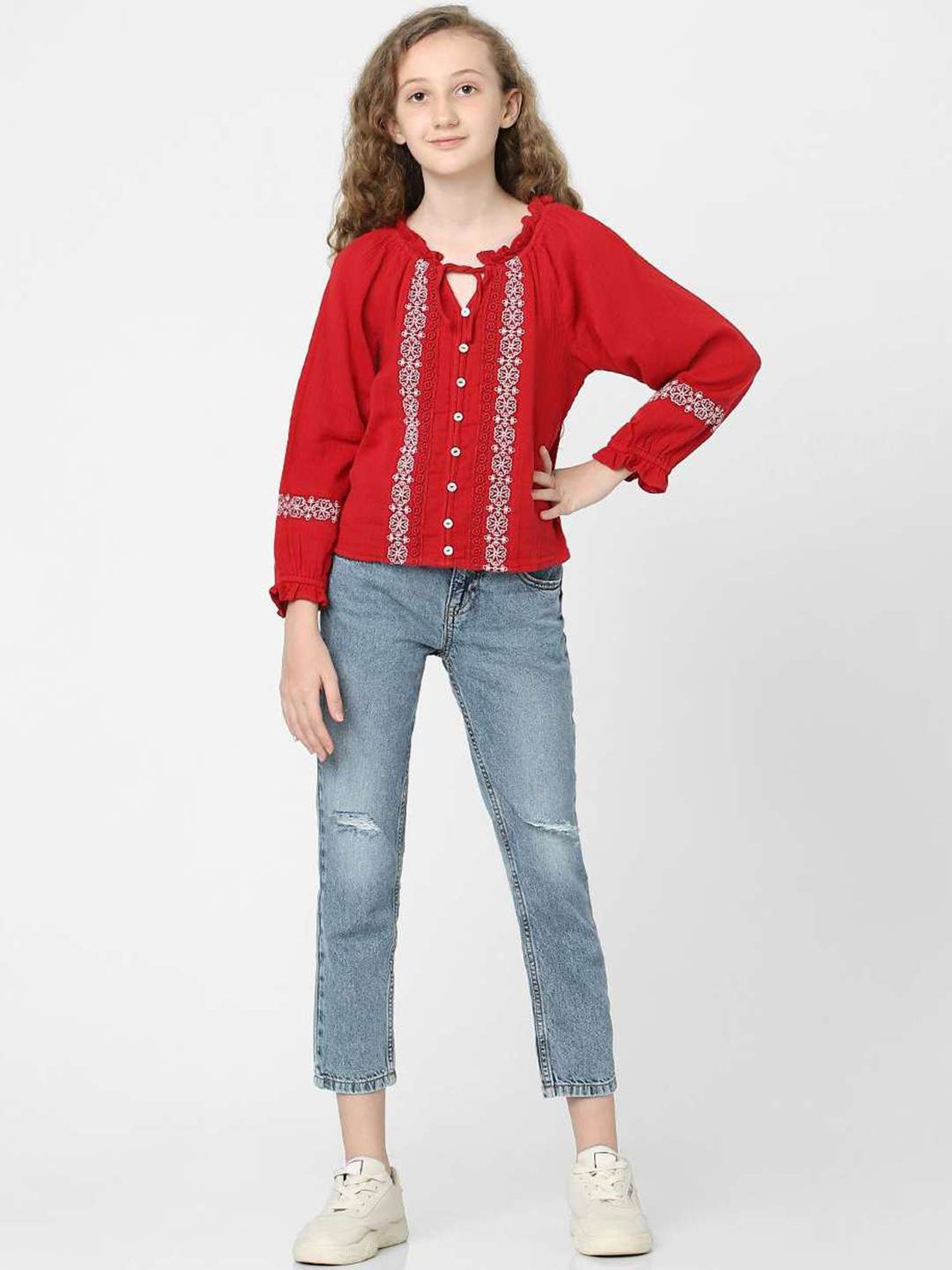 KIDS ONLY Red & White Cotton Embroidered Full Sleeves Top