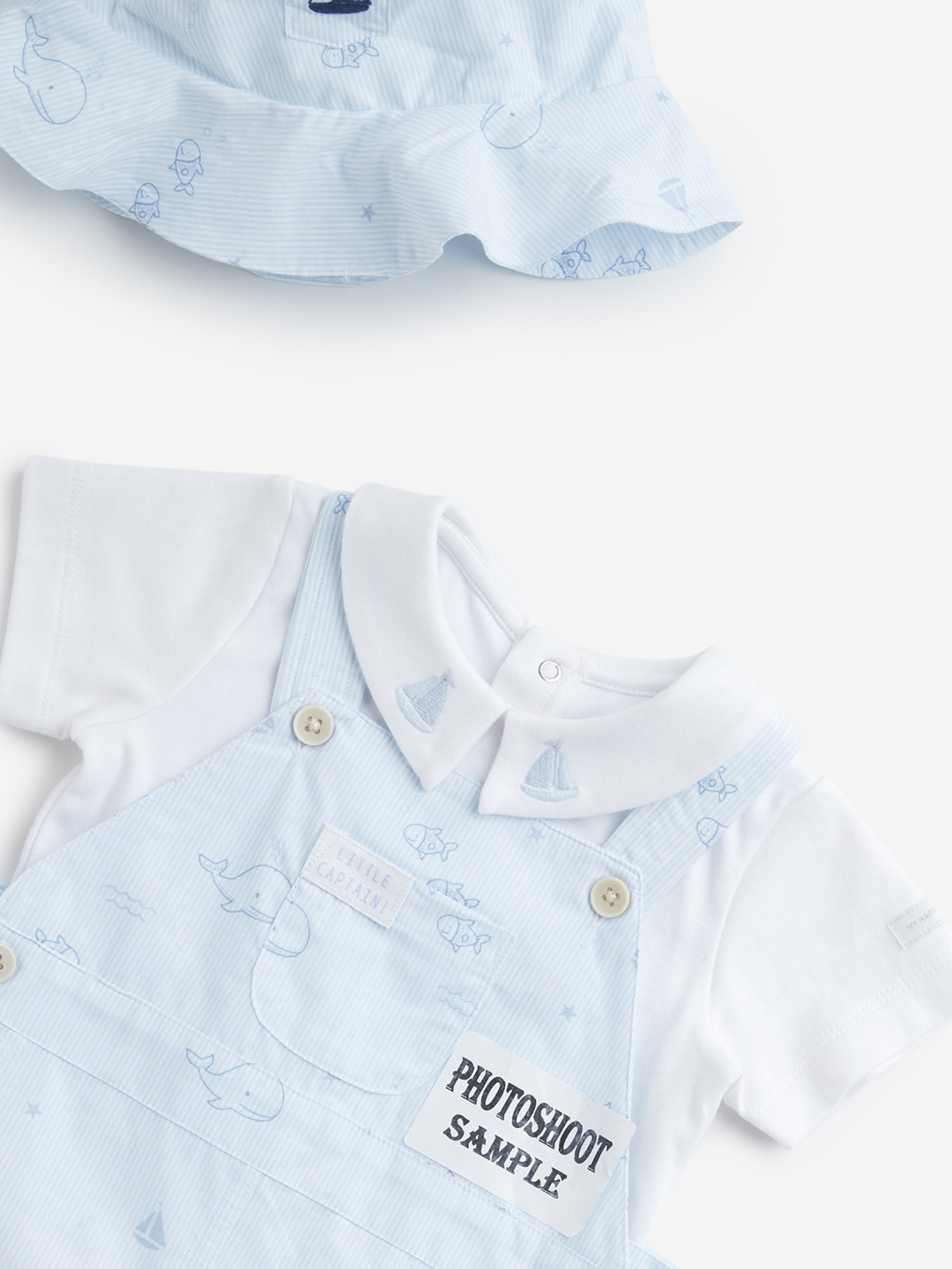 HOP Baby by Westside Light Blue Dungaree, Cotton T-Shirt and Hat Set