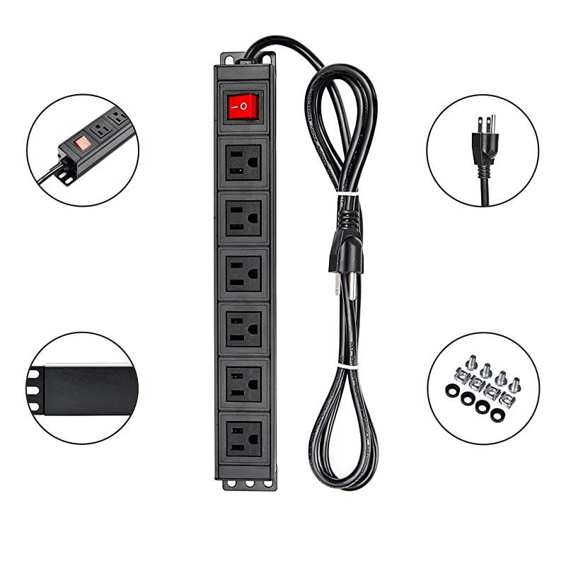 Power Strip Surge Protector RackMount PDU6 Right Angle Outlets WideSpaced15A125V 6ft Cord Black
